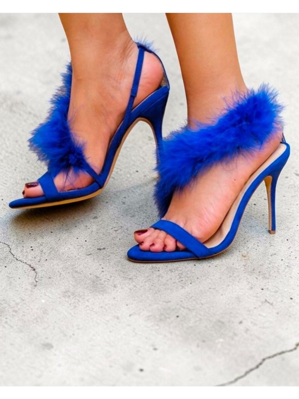 Blue Feathered Open-Toe Stiletto Heels With Side Straps & Faux Suede Finish - Picture 5 of 7